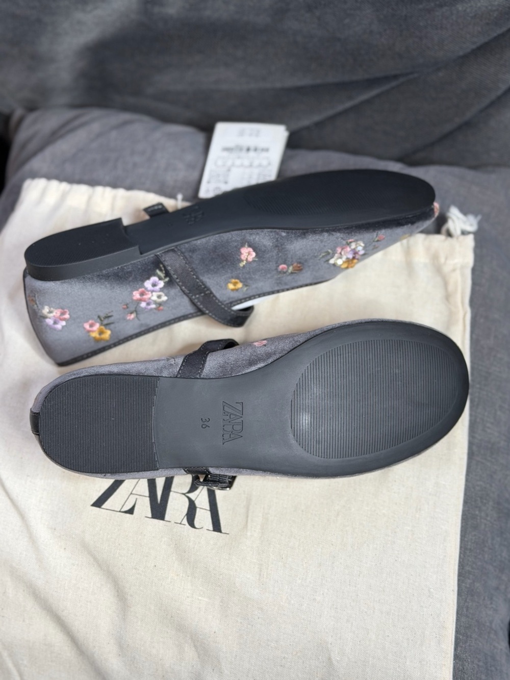 NWT Zara Kids Girls Velvet FLORAL EMBROIDERED BALLET FLATS Shoes Size 4 - Picture 14 of 14